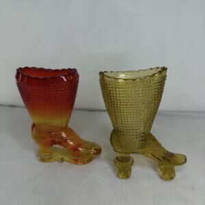 2 Vintage Glass Roller Skate And Boot Toothpick Holders Yellow and Red